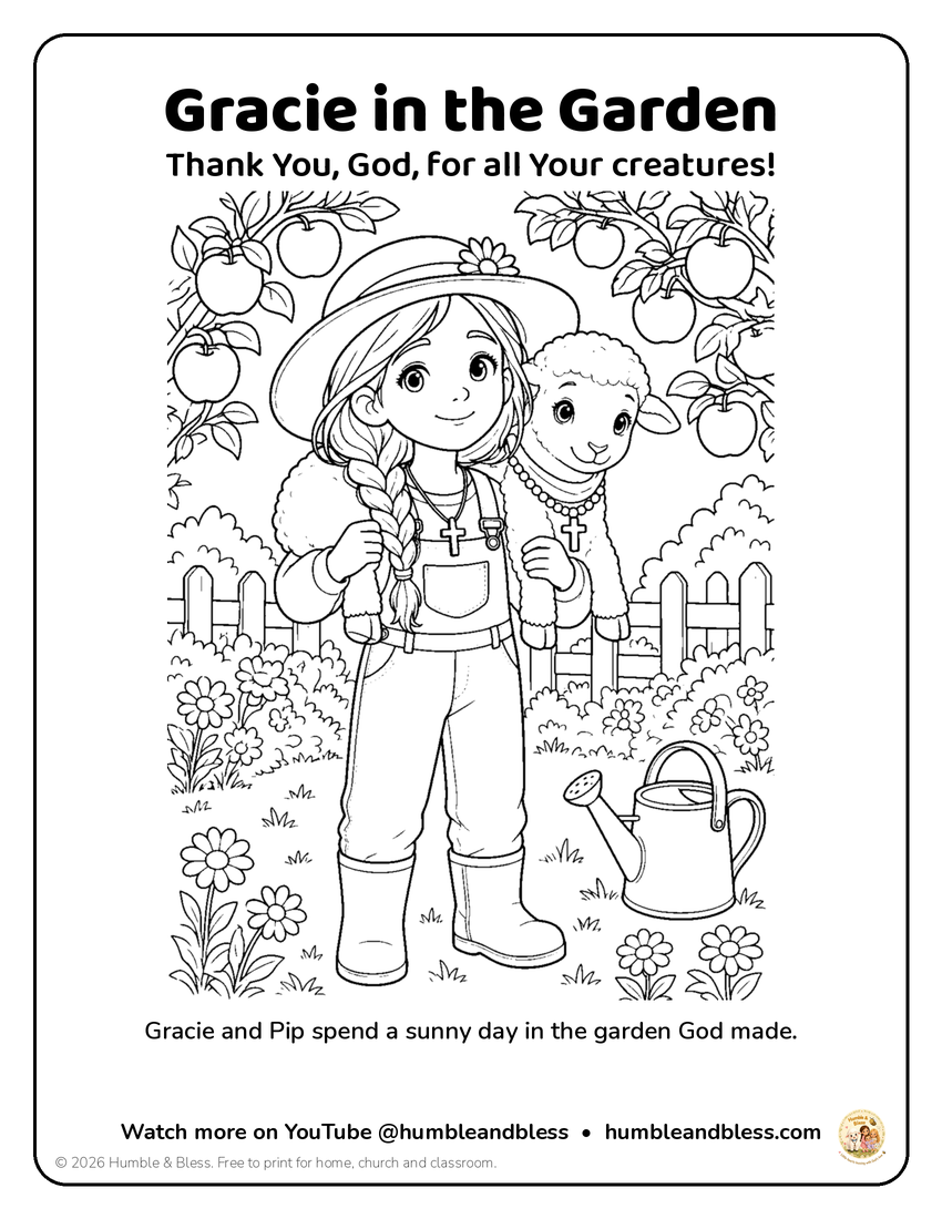 Coloring page: Gracie in her sun hat, braid and overalls, holding Pip the Lamb in a garden with apple trees, a fence, flowers and a watering can.