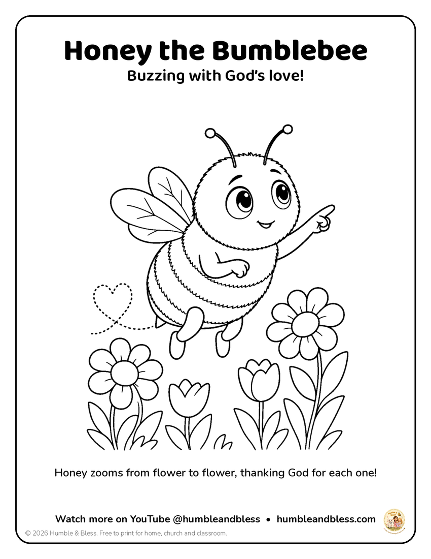 Coloring page: Honey the Bumblebee flying happily over big daisies and tulips, with a little heart-shaped trail.