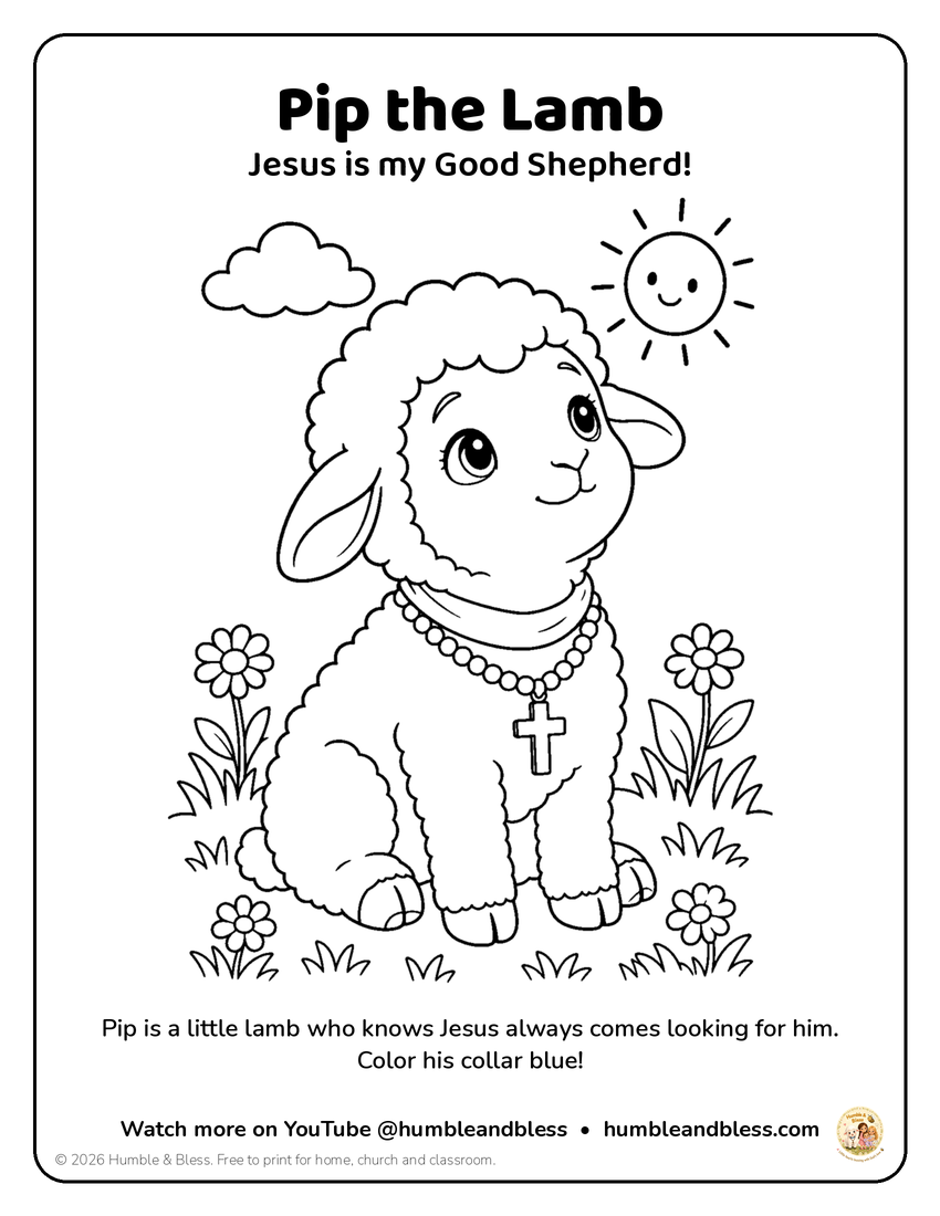 Coloring page: Pip the Lamb, a fluffy little lamb with a collar and a small cross, sitting in a meadow with daisies, a cloud and a smiling sun.